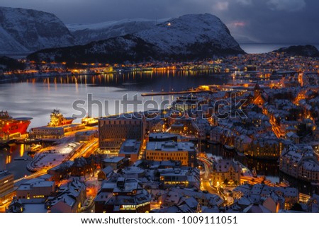 Similar – Foto Bild Alesund, Norwegen. Night View Of Moored Schiff in Alesund Insel. Sommer Morgen.