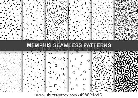 Collection of swatches memphis patterns - seamless. Fashion 80-90s. Black and white mosaic textures.