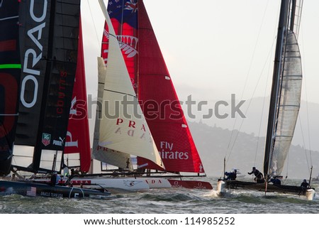 SAN FRANCISCO, CA - OCTOBER 4: The fleet  competes in the America\'??s Cup World Series sailing races in San Francisco, CA on October 4, 2012