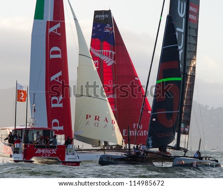 SAN FRANCISCO, CA - OCTOBER 4: Oracle Team USA and Emirates Team New Zealand compete in the America\'s Cup World Series sailing races in San Francisco, CA on October 4, 2012