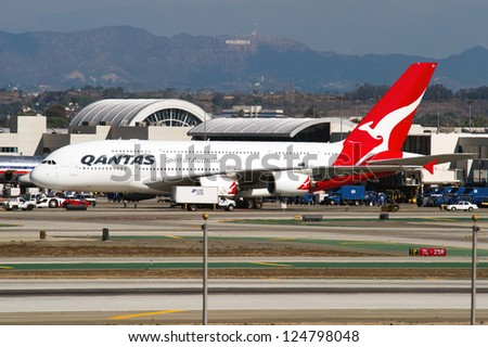 LOS ANGELES, CA - OCTOBER 23: A Qantas Airways A380 taxis at Los Angeles International Airport (LAX) in Los Angeles, CA on October 23, 2012. The A380 is the worlds largest passenger jet.