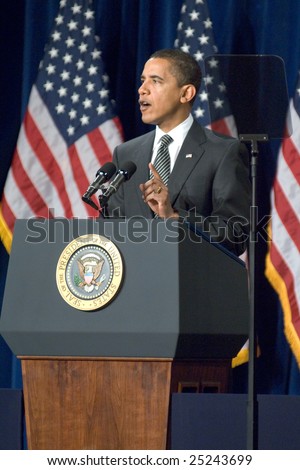 MESA, AZ - FEBRUARY 18: President Barack Obama speaks about the home mortgage crisis at Dobson High School on February 18, 2009 in Mesa, AZ.