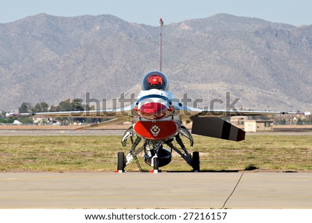 GLENDALE, AZ - MARCH 21: A U.S. Air Force Thunderbird F-16 on the runway at the biennial air show (\