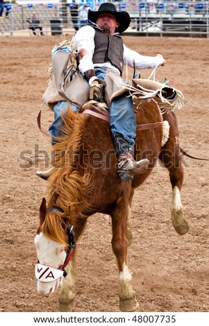 APACHE JUNCTION, AZ - FEBRUARY 27: A cowboy rides a bucking horse in the bareback competition at the Lost Dutchman Days Rodeo on February 27, 2010 in Apache Junction, Arizona.