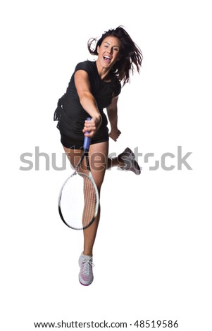 A pretty, athletic female tennis player isolated on a white background.
