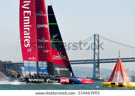 SAN FRANCISCO, CA - SEPTEMBER 12: Emirates Team New Zealand competes in the America's Cup sailing races in San Francisco, CA on September 12, 2013