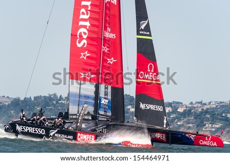 SAN FRANCISCO, CA - SEPTEMBER 12: The Emirates Team New Zealand sailboat competes in the America\'s Cup sailing races in San Francisco, CA on September 12, 2013