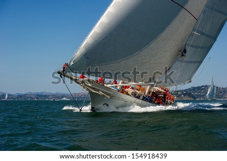 SAN FRANCISCO, CA - SEPTEMBER 13: Super yacht Adela competes in a regatta during the America\'s Cup in San Francisco, CA on September 13, 2013