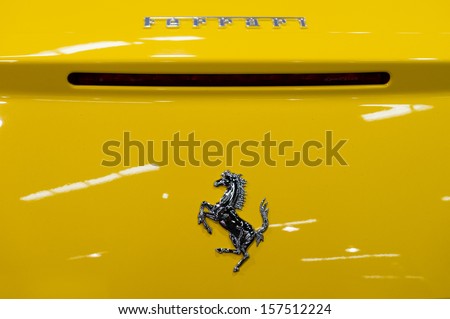 ANAHEIM, CA - OCTOBER 3: A Ferrari logo on display at the Orange County International Auto Show in Anaheim, CA on October 3, 2013.