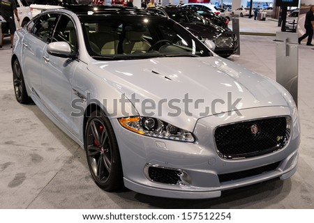 ANAHEIM, CA - OCTOBER 3: A Jaguar XJR on display at the Orange County International Auto Show in Anaheim, CA on October 3, 2013.