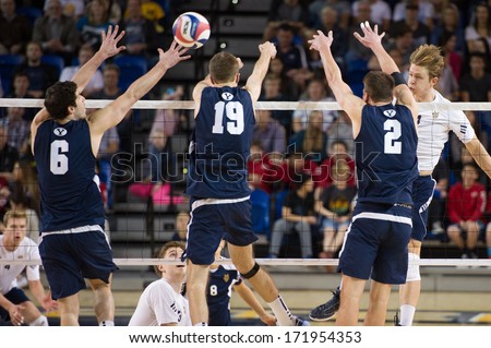 IRVINE, CA - JANUARY 17: The Brigham Young University men\'s volleyball team competes with the University of California - Irvine at the Bren Events Center in Irvine, CA on January 17, 2014