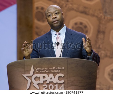 NATIONAL HARBOR, MD - MARCH 6, 2014: Senator Tim Scott (R-SC) speaks at the Conservative Political Action Conference (CPAC).
