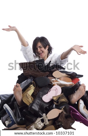 Woman Partially Covered By Pile Of Shoes With Bare Feet Sticking Out ...