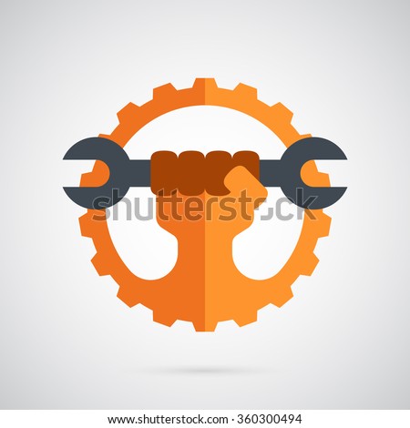 Gear logo template. The spanner in the hand and gear combined in vector sign. Creative and modern symbol for company identity, advertising, poster, banner, web and flyer.