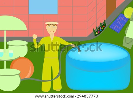 summer recreation on backyard - man fills the swimming pool