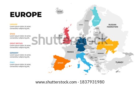 Europe continent vector map infographic template. Slide presentation. Global business marketing concept. Color Europe country. World transportation geography data. 