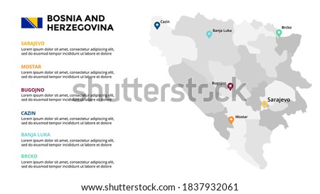  Bosnia and Herzegovina vector map infographic template. Slide presentation. Global business marketing concept. Color Europe country. World transportation geography data. 