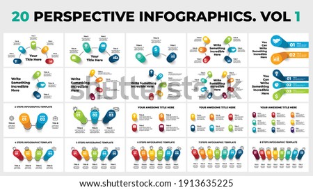 3D Vector Perspective Infographics Pack. 20 presentation slide templates. Circle diagrams and charts.