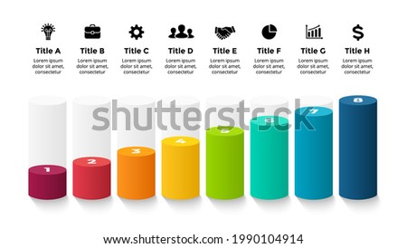 3D Vector Perspective Infographic. Presentation slide template. Eight step options. Percentage chart concept. Transparent glass cylinders. Colorful creative info graphic design.