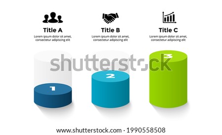 3D Vector Perspective Infographic. Presentation slide template. Financial business diagram. Three step options. Transparent glass cylinders. Colorful creative info graphic design.