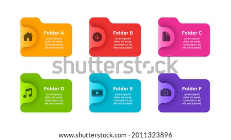 6 folder icons illustration. Infographic slide template for your presentation. File manager. Creative computer concept. User interface technology.