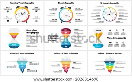 Vector time infographic. Clock circle diagram. Hourglass chart. Iceberg conceptual banner. Presentation slide template. Alarm concept with 6 options.