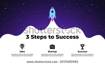 Startup vector Infographic. Rocket launch into space. Presentation slide template. Business success diagram chart. 3 steps parts.