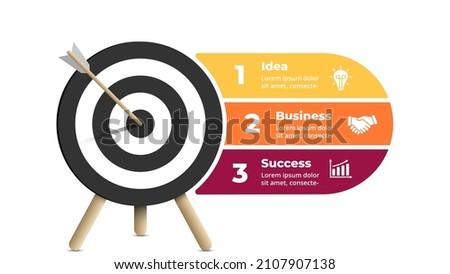 Success infographic. Business presentation slide template. Arrow hit the target. Goal diagram. Chart with 3 steps, options, processes. 