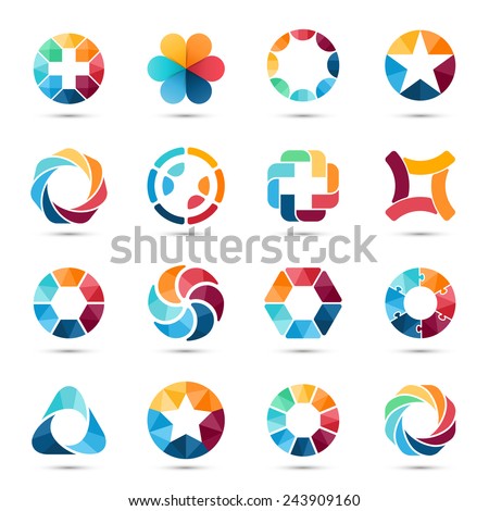 Logo templates set. Abstract circle creative signs and symbols. Circles, plus signs, stars, triangle, hexagons and other design elements.