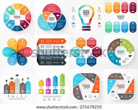 Vector infographics set. Collection of templates for cycle diagram, graph, presentation and round chart. Business concept with options, parts, steps or processes. 