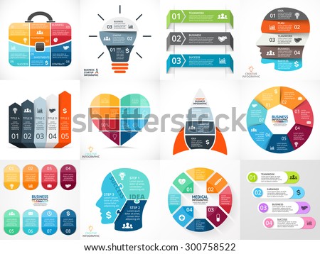 Creative vector arrows teamwork infographics, presentations, diagrams, graphs, charts. 3, 4, 5, 6, 7, 8 options, parts, steps. Human head, idea light bulb, heart, plus, startup rocket, businessman bag