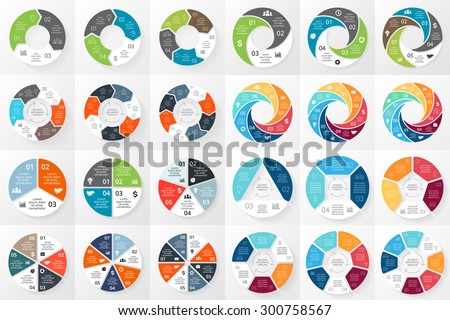 Vector circle arrows infographics bundle. Template for cycle diagram, graph, presentation and round chart. Business concept with 3, 4, 5, 6, 7, 8 options, parts, steps or processes