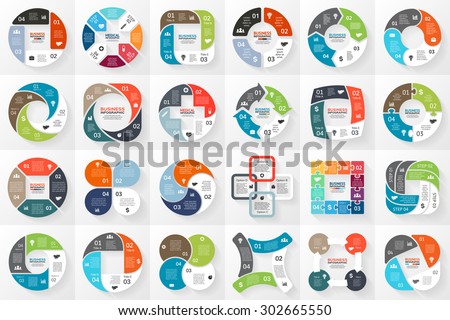 24 vector circle infographics. Template for cycle diagram, graph, presentation and round chart. Business concept with 4 options, parts, steps or processes. Infographic data visualization. Plus sign.