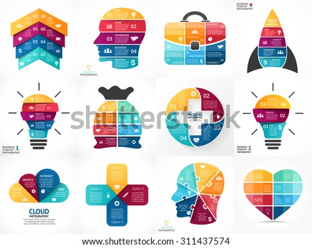 Creative vector arrows infographics, diagrams, graphs, charts. 3, 4, 5, 6, 7, 8 options, parts, steps. Human head, idea light bulb, heart, plus sign, startup rocket, businessman bag, cloud service.