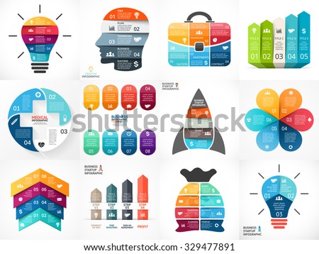 Creative vector arrows infographic, diagrams, graphs, charts for presentation. 3, 4, 5, 6, 7, 8 options, parts, steps. Human head, idea light bulb, plus sign, startup rocket, businessman bag, flower.