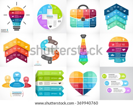 Creative vector arrows infographics set, diagrams, graphs, charts. 3, 4, 5, 6, 7, 8 cycle options, parts, steps. Human head, idea light bulb, plus sign, businessman bag, tie, heart, stairs infographic