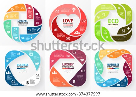 Vector circle infographics set. Cycle diagram, graph, business presentation, chart. Medical plus sign, heart love symbol, eco nature concept, luxury diamond infographic. 3, 4, 8 steps, options.