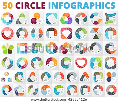 Vector circle infographic set. Business diagrams, round arrows graphs, presentations and charts. Data infographics options, parts, 3, 4, 5, 6, 7, 8 steps cycle processes. Plus, heart, triangle, square