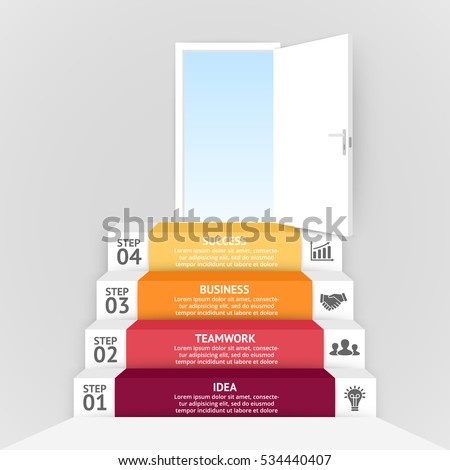 Vector 3d stairs and open door infographic. Template for diagram, graph, presentation and chart. Business infographics startup concept with 4 options, parts, steps or processes. Abstract background.