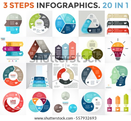 Vector circle infographic set. Business diagram, arrows graph, startup logo presentation, idea pie chart. Data infographics options, 3 parts, steps, processes. Human brain, stairs, eco, heart sign.