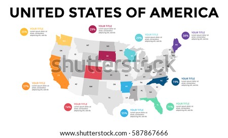 USA map infographic. Slide presentation. United States of America. Global business marketing concept. Color country. World transportation infographics data. Economic statistic template. Foto stock © 