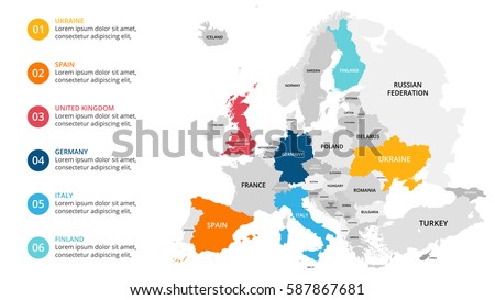 Europe map infographic. Slide presentation. Global business marketing concept. Color country. World transportation infographics data. Economic statistic template.