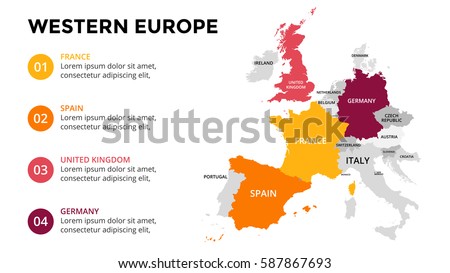 Western Europe map infographic. Slide presentation. Global business marketing concept. Color country. World transportation infographics data. Economic statistic template. Stockfoto © 