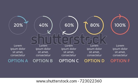 Vector circle arrows infographic, cycle percents diagram, status graph, presentation chart. Business infographics concept with 5 options, parts, steps, processes. 16x9 slide dark template.