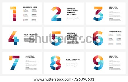 Vector alphabet infographic, presentation slide template. Business font info graphic concept with numbers 1, 2, 3, 4, 5, 6, 7, 8, 9 and place for your text. 16x9 aspect ratio. 9 infographics in 1 set.
