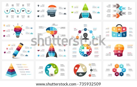 Vector infographic, cycle diagram, business graph, presentation chart. Options, part, step, process. Human head puzzle brain, light bulb, briefcase, timeline, startup rocket, pyramid infographics set.