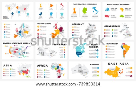 Vector map infographic. Slide presentation. Global business marketing. World travel geography. Economic infographics statistic template. World, America, Africa, Europe, Asia, Australia, USA, Canada