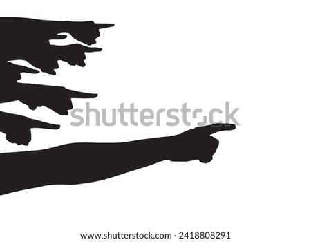 Many hands in silhouette point to the right with their index fingers