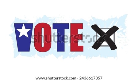 The word VOTE in the American national colors with a stylized ballot marked with a cross.