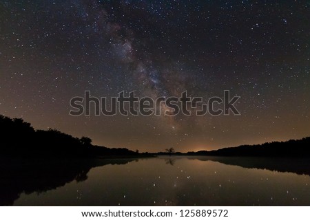 milky way over a lake at summer night with clear skies and no moon